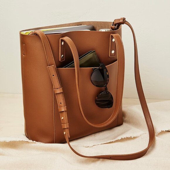 HENNY + LEV Cognac Brown Vegan Leather Everyday Laptop Tote Purse Bag Crossbody - Picture 1 of 8